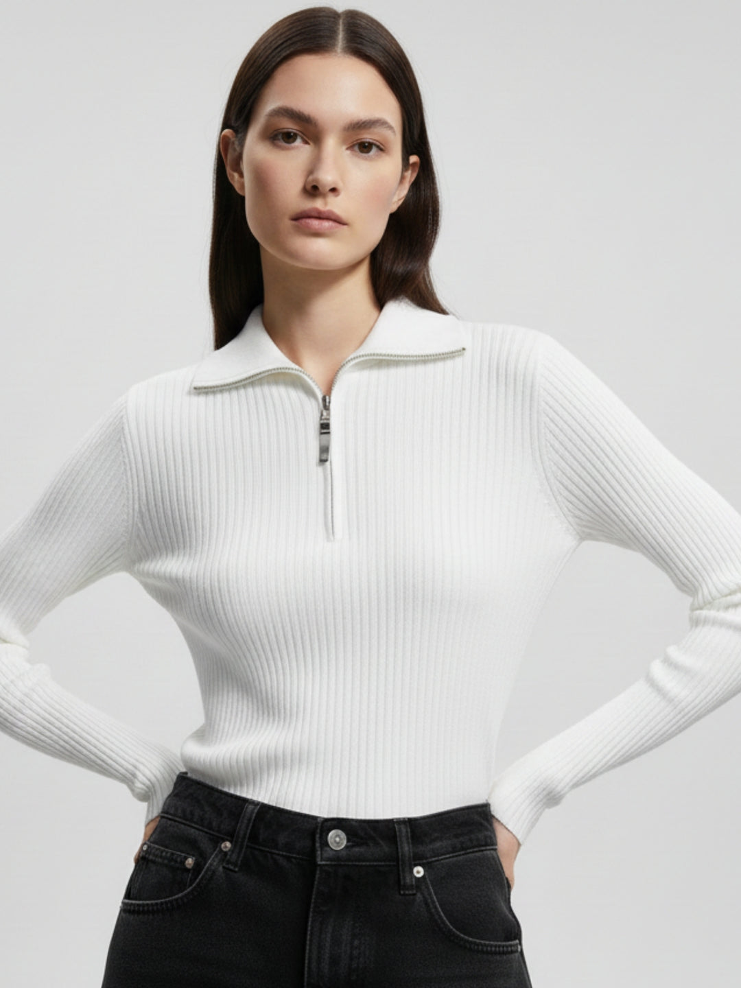 Off White Full Sleeve Half Zipped Sweatshirt