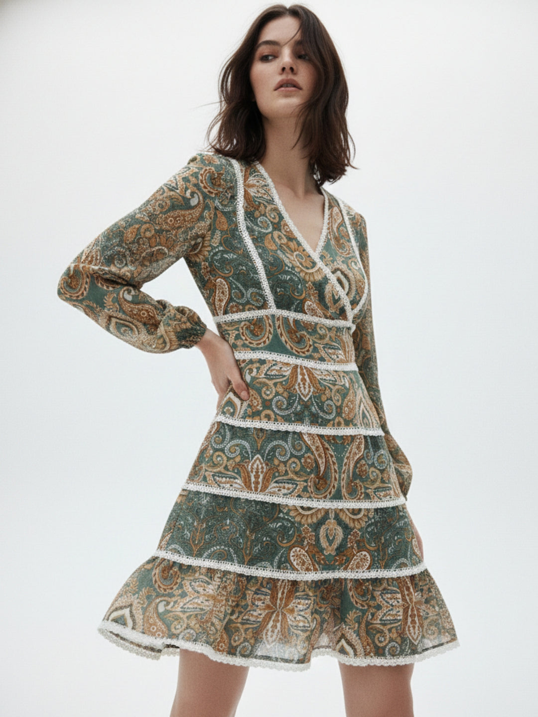 Green Printed Rayon Crinkled Blouse with lace detail