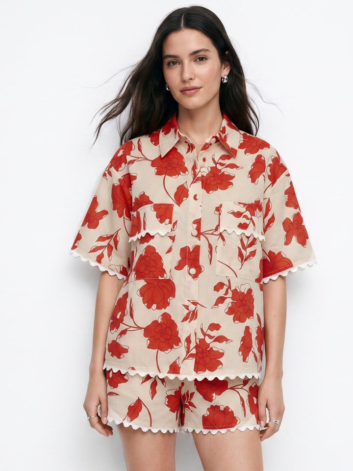 Off White Printed Scallop Edge Shirt And Shorts Set