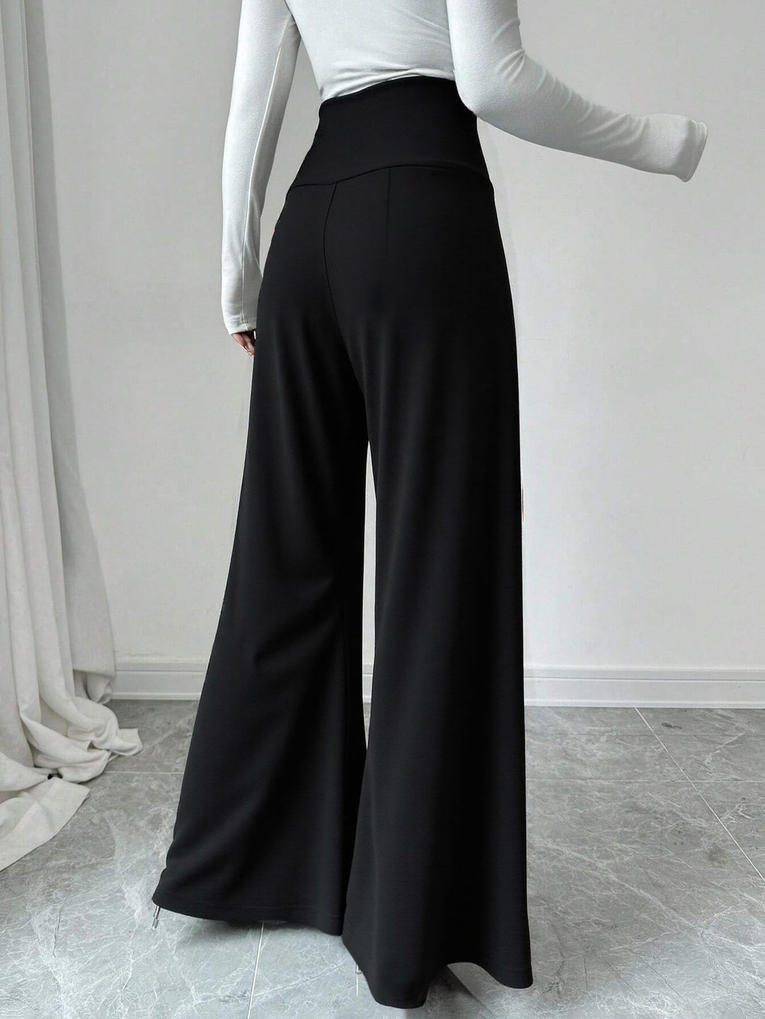 Black High Waist Wide Leg Pant With Side Buttons Detail