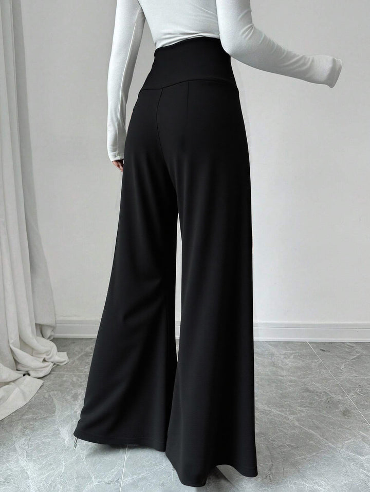 Black High Waist Wide Leg Pant With Side Buttons Detail