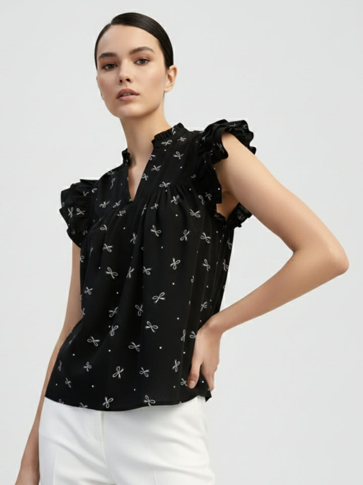 Black Ruffle Sleeve Printed Top