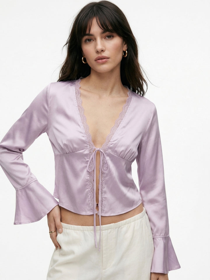 Pink Bell Sleeves Front Tie-Up Lace Top