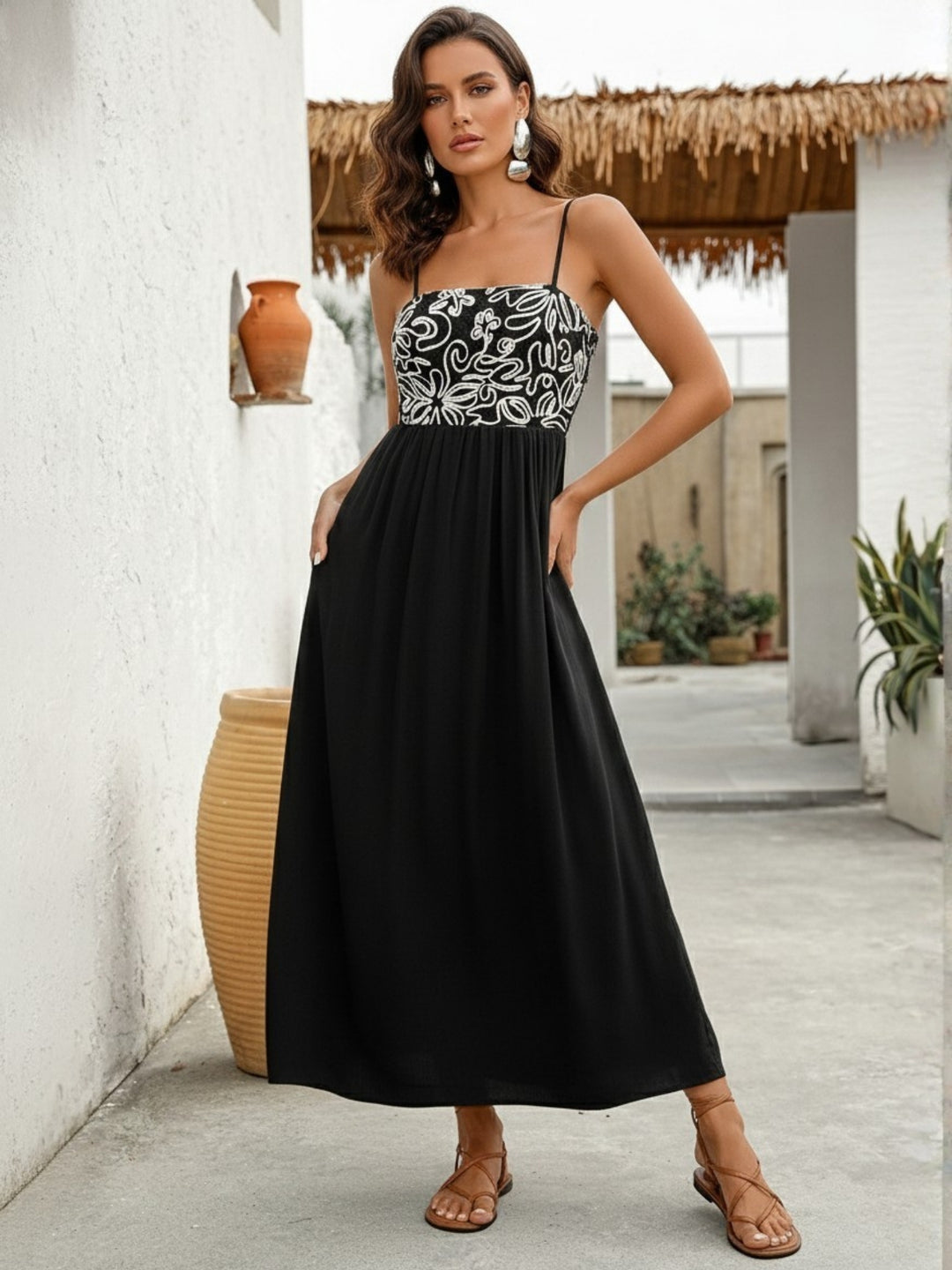 Black Spaghetti Strap Embroidered Flared Dress