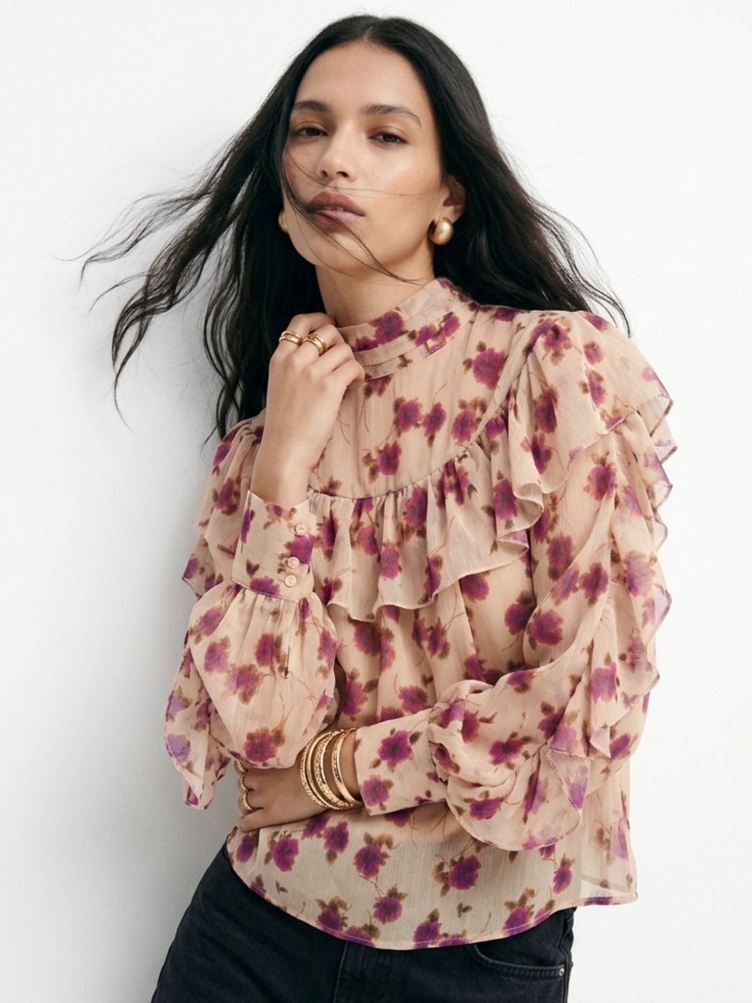 Beige Ruffle Detail Floral Printed Blouse