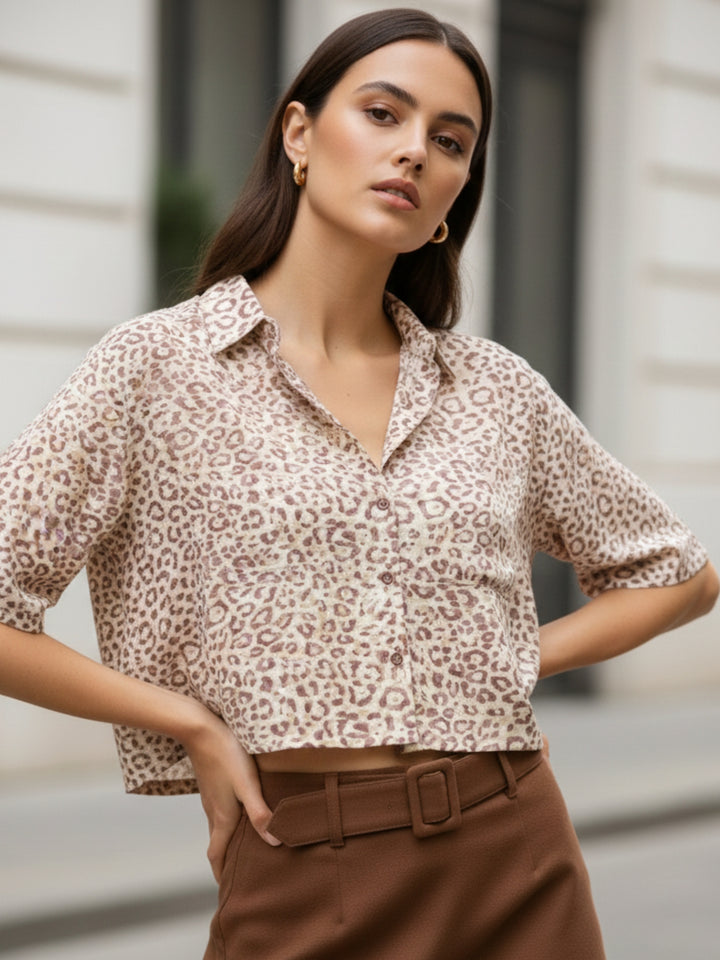 Brown Printed Cropped Shirt