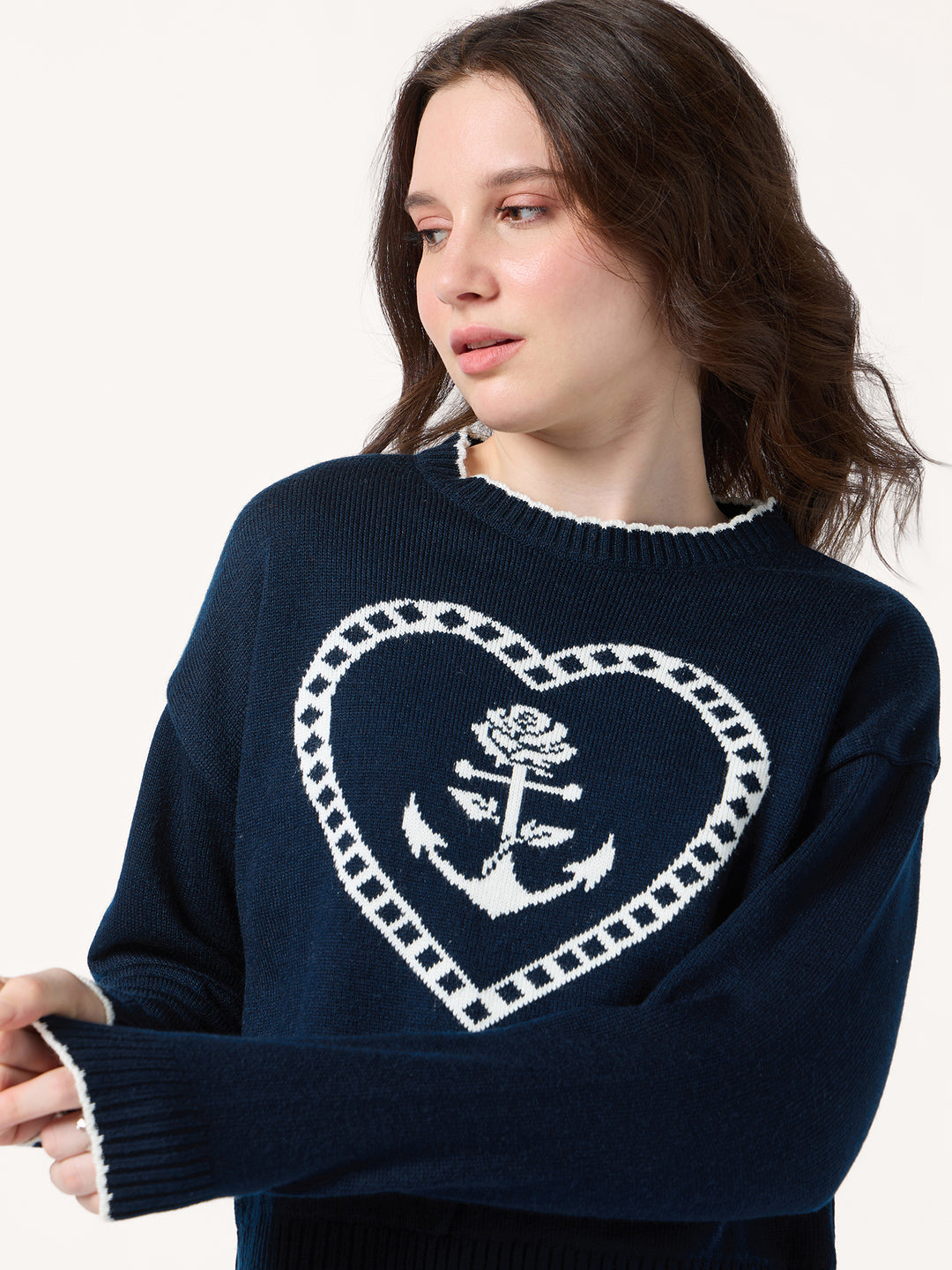Navy Blue Contrast Stitch Hem And Neck With Graphic Sweater
