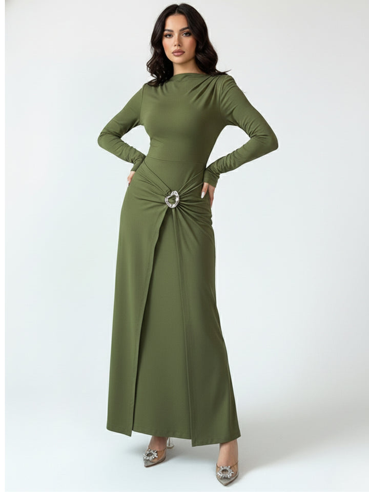 Olive High Neck Metal Trim At Waist Dress