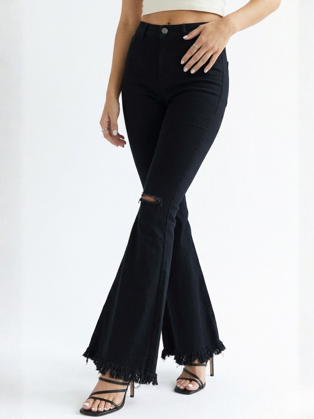 Black Flared Denim With Knee Distress
