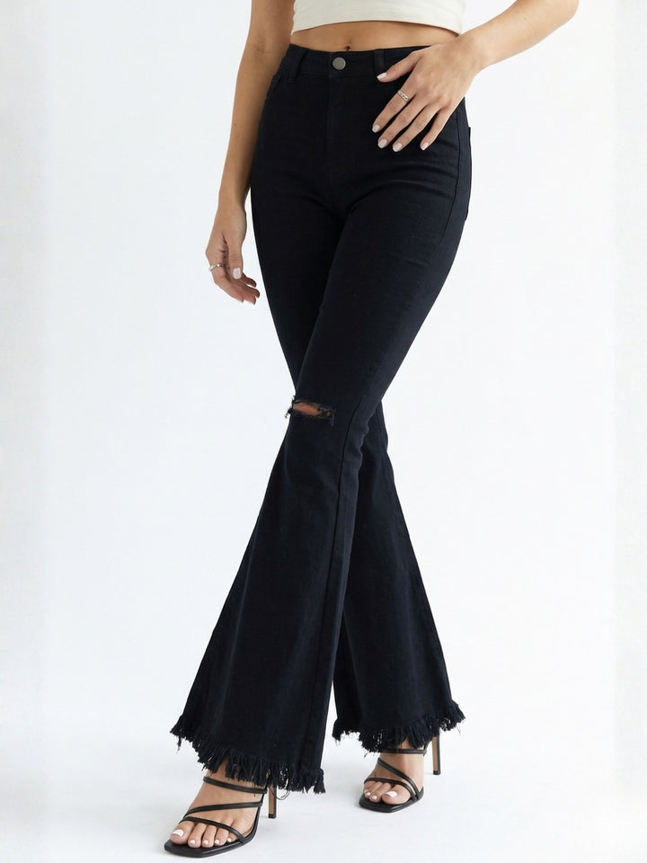 Black Flared Denim With Knee Distress