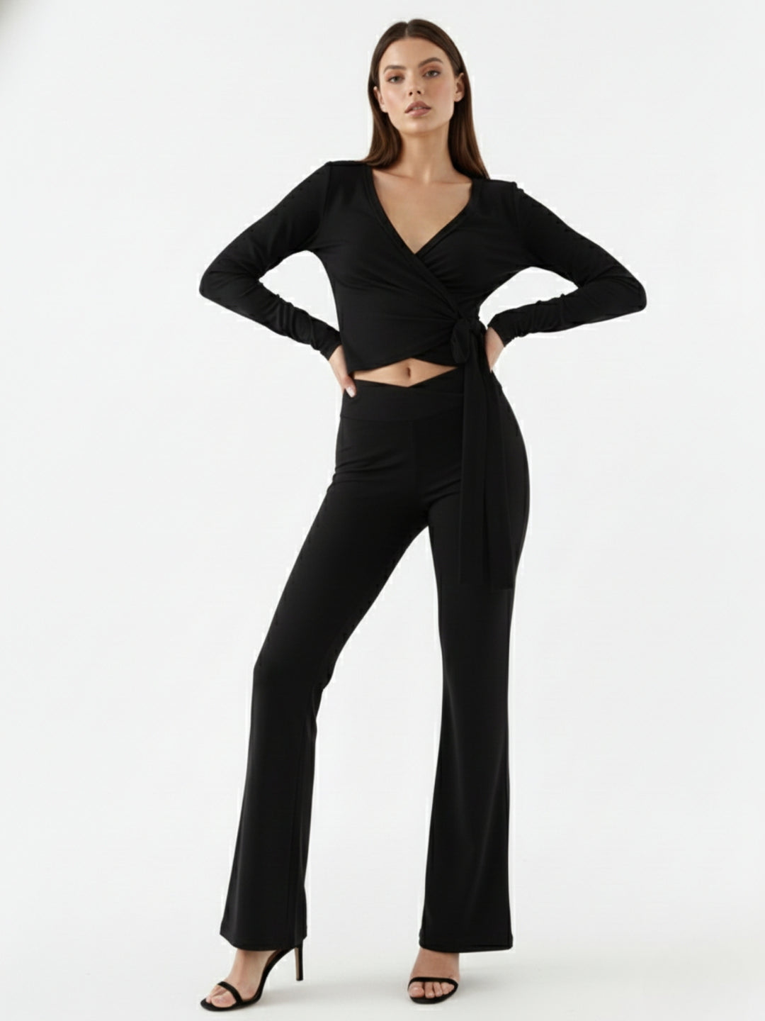 Black Full Sleeve Wrap V Neck Top And Pant Set