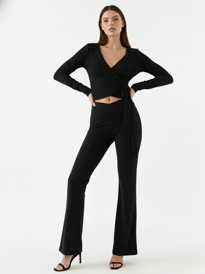 Black Full Sleeve Wrap V Neck Top And Pant Set