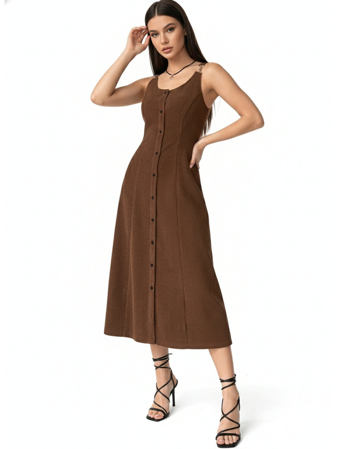 Brown Textured Buckle Strap Dress