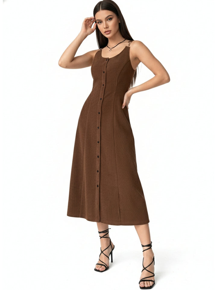 Brown Textured Buckle Strap Dress