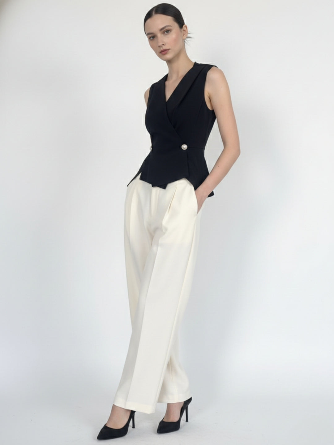 Black Wrap Neck Double Buttoned Top