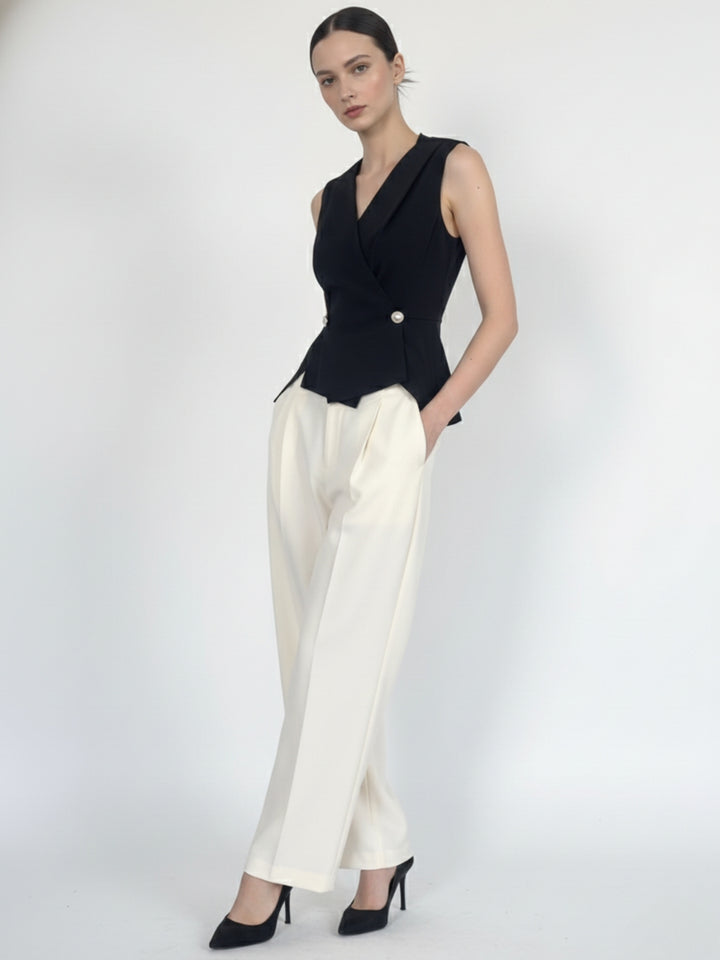 Black Wrap Neck Double Buttoned Top