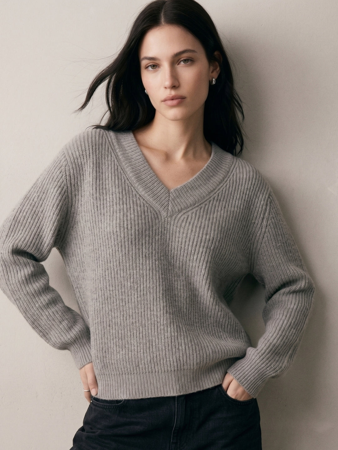 Grey Full Sleeve V Neck Sweater