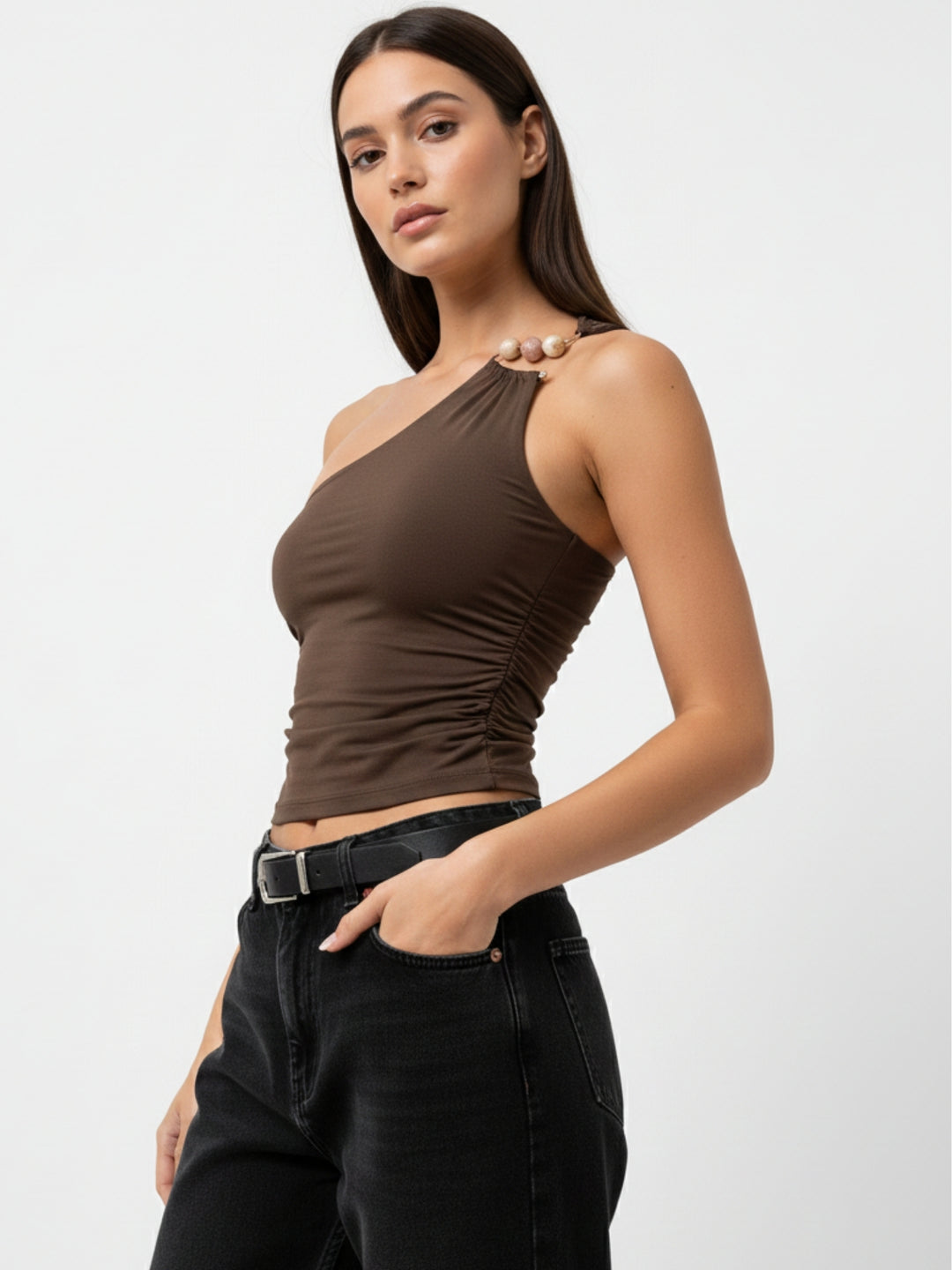 Brown One Shoulder Buckle Detail Top