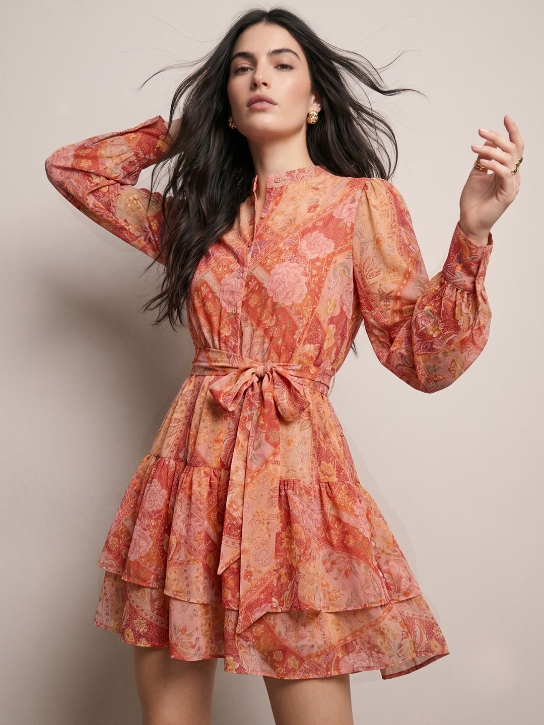 Orange Mini Length Tier Dress With Band Collar And Half Placket