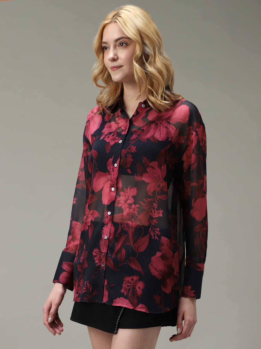 Black Floral Printed Longline Shirt