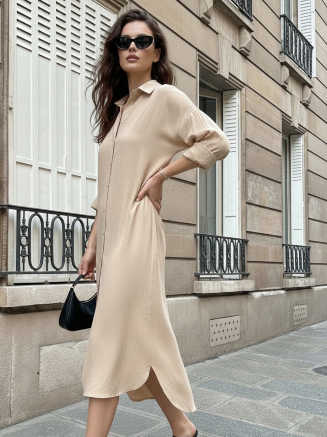 Brown Longline Button Down Shirt Dress
