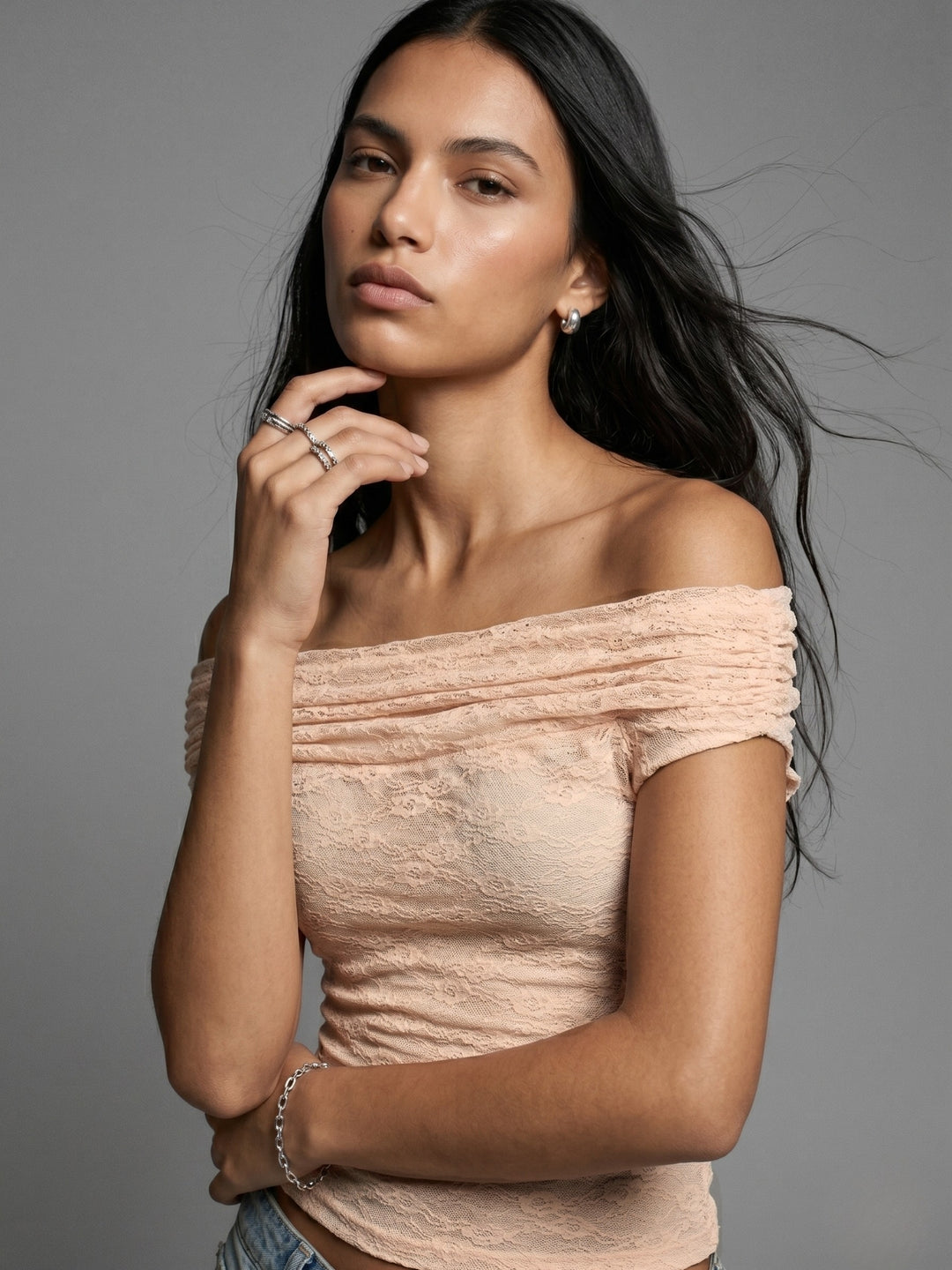 Peach Off Shoulder Lace Top