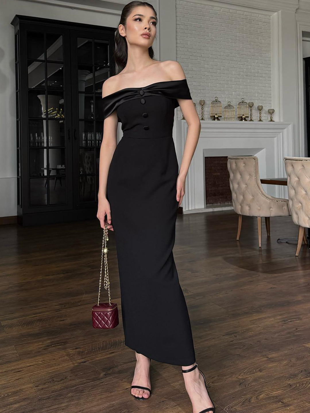 Black Off Shoulder Fitted Dress