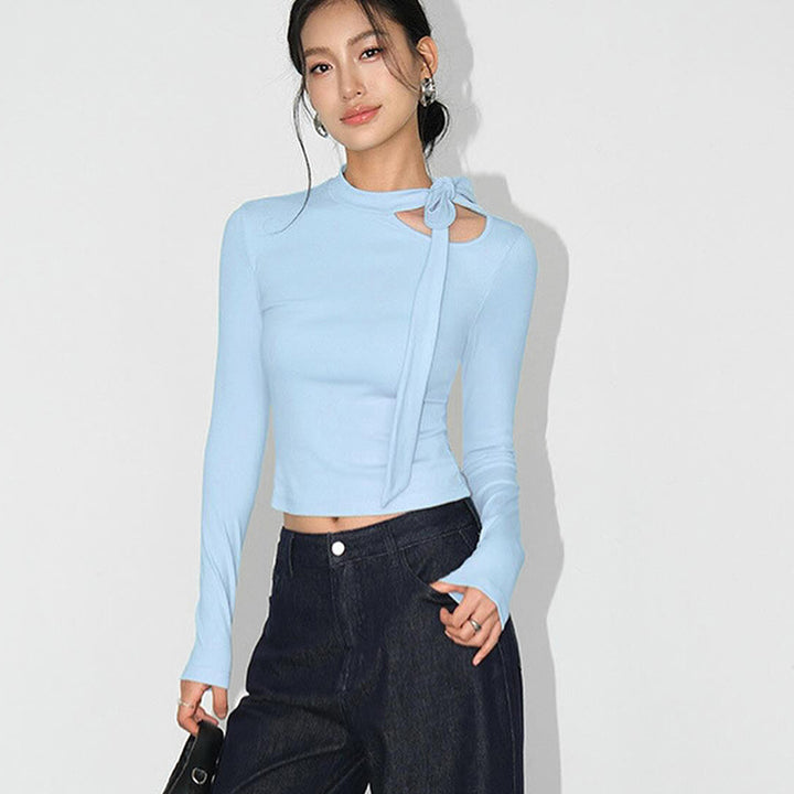 Blue Long Sleeves Bow Tie Tank Top