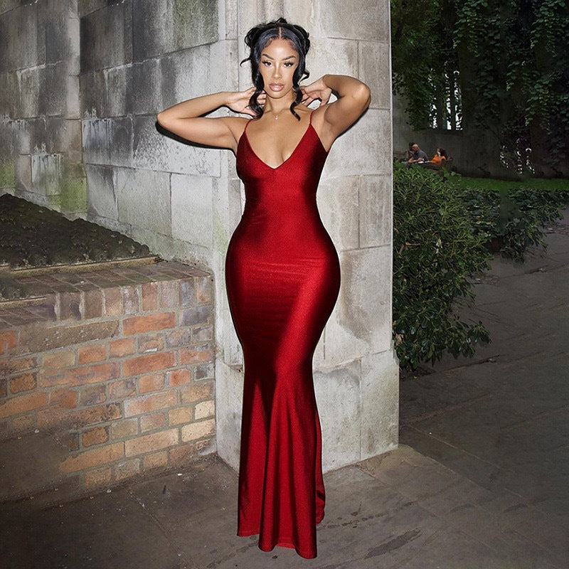 Red V-Neck Shoulder Strap Dress