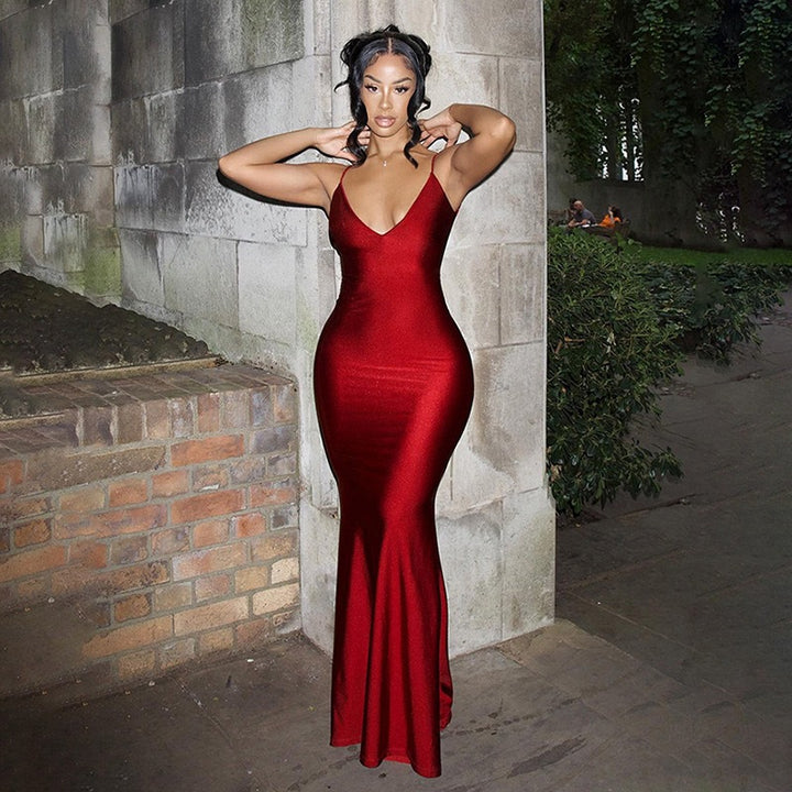 Red V-Neck Shoulder Strap Dress