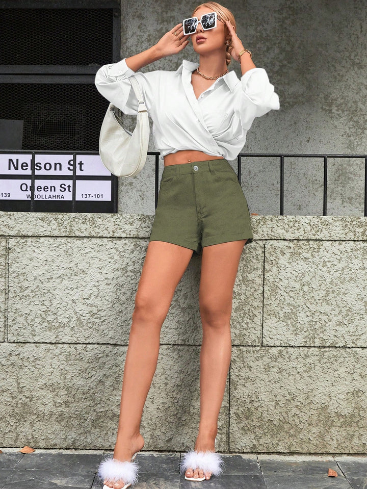 Olive Solid Fitted Shorts