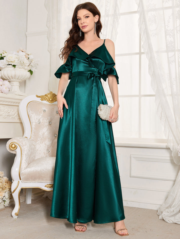 Dark Green Cold Shoulder Spaghetti Strap Dress