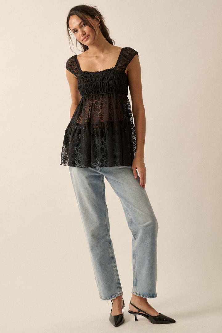 Black Short Sleeves Lace Front Fitted Top