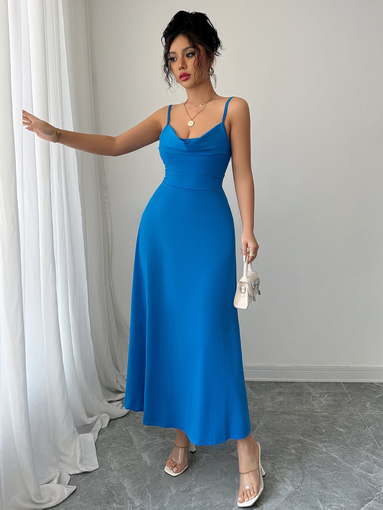 Blue Cowl Neck Cinched Fit & Flare Dress