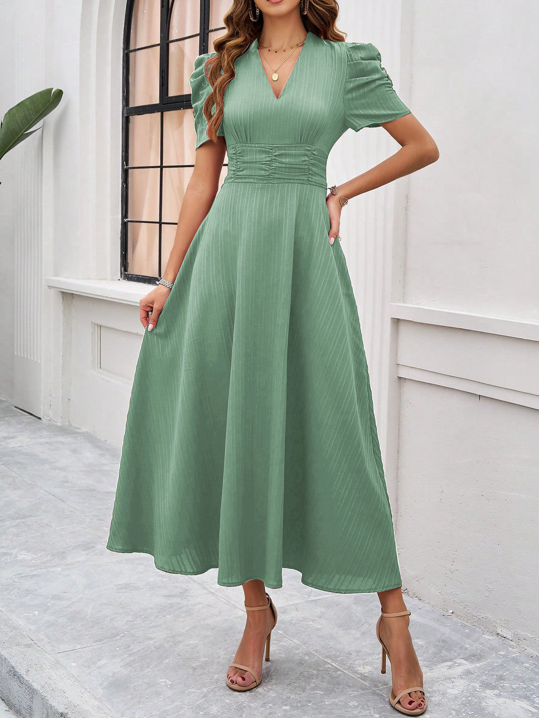 Sea Green Fit And Flare Midi Dress
