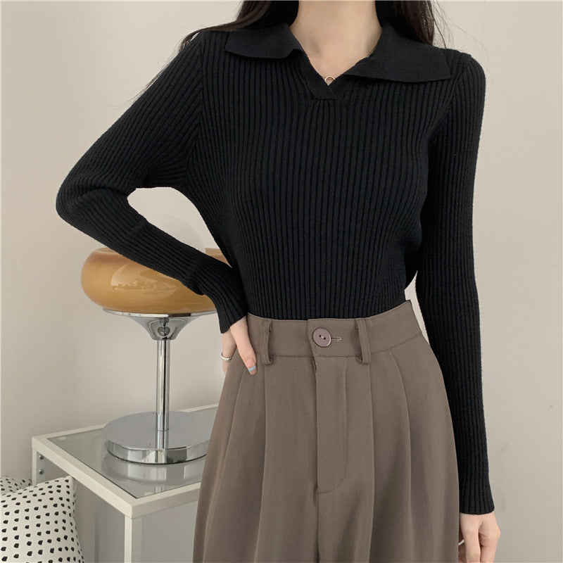 Black Collared Full Sleeve Knit Top
