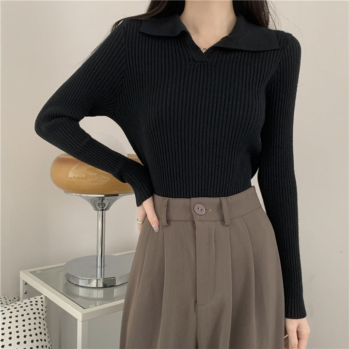 Black Collared Full Sleeve Knit Top
