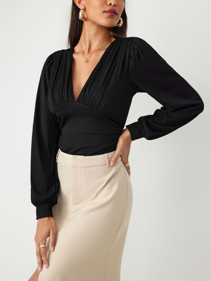 Black V-Neck Ruched Bodysuit
