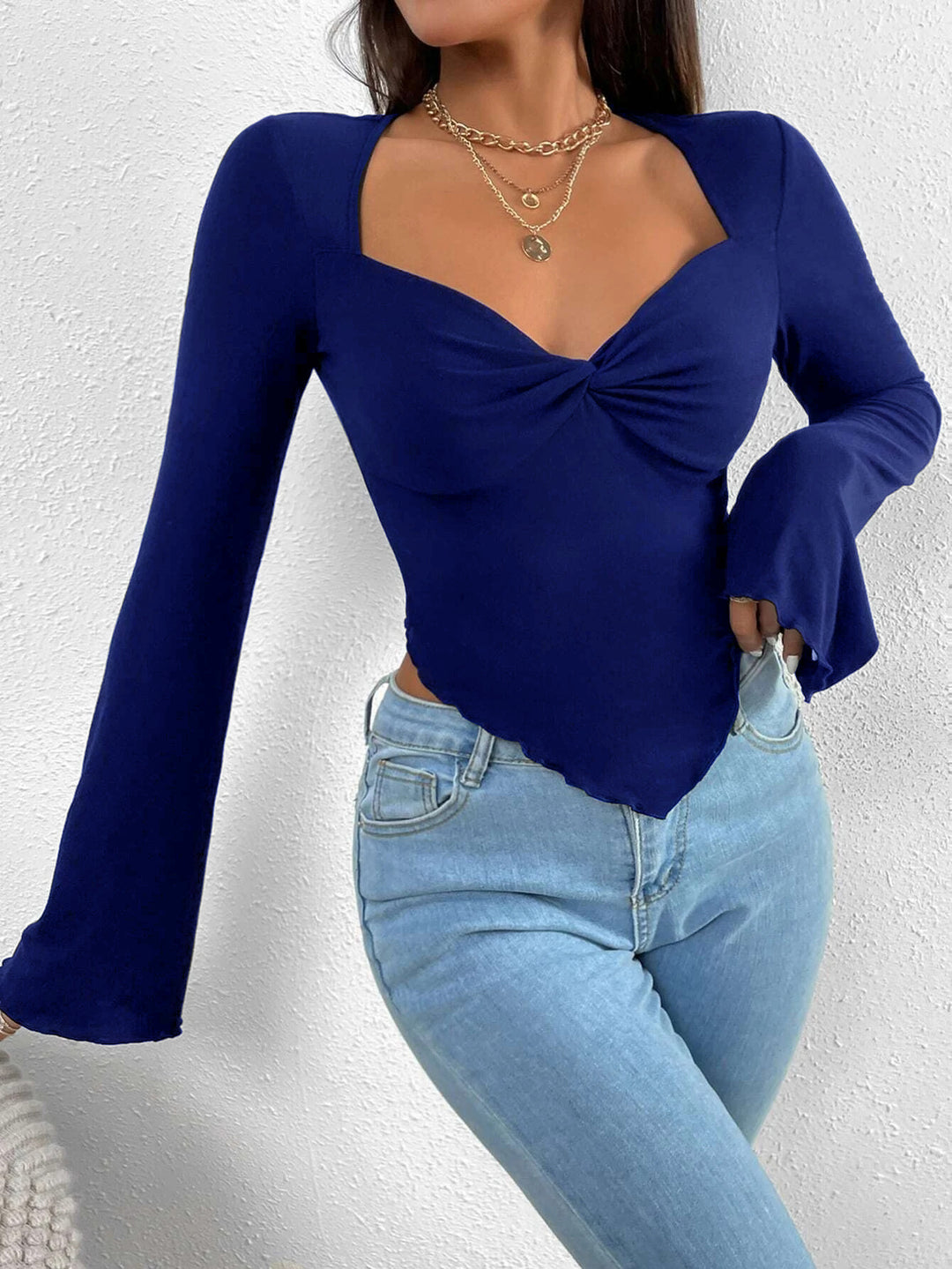 Blue Bell Sleeve Asymmetrical Hem Top