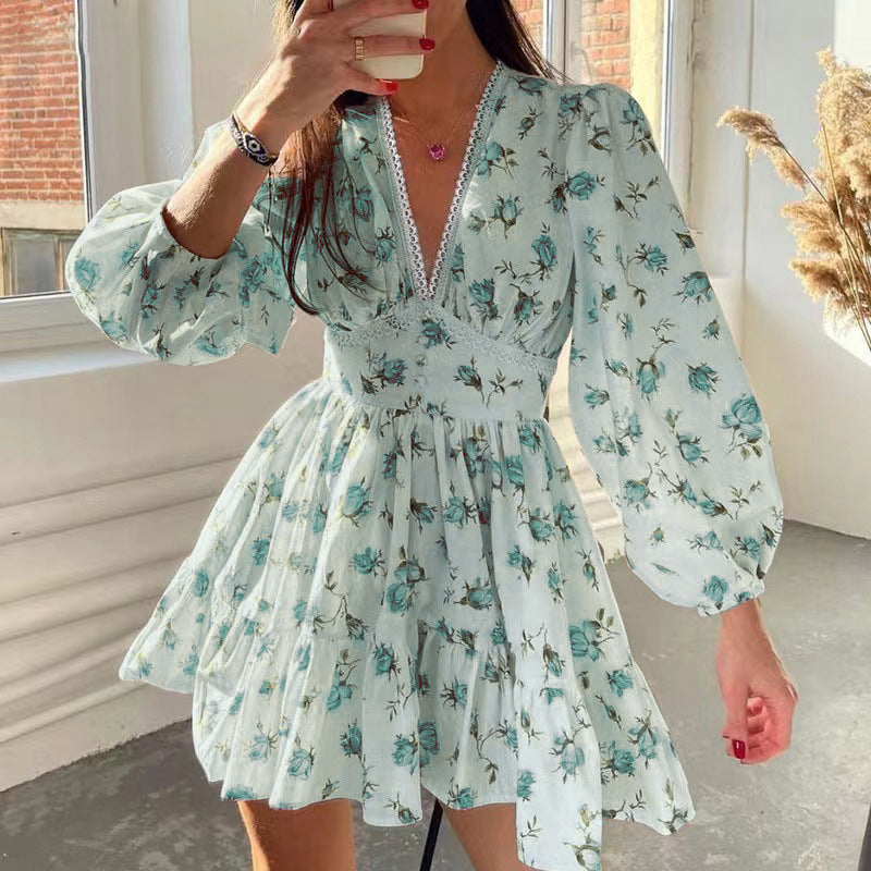 Green Puffed Sleeves Mini Dress