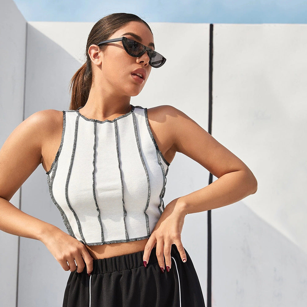 White Contrast Seam Crop Top