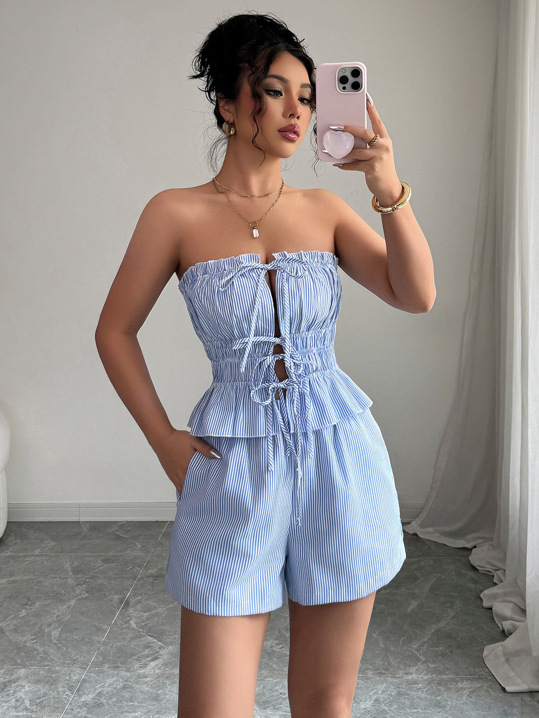 Light Blue Ruffle Tube Top And Shorts Co-Ord Set