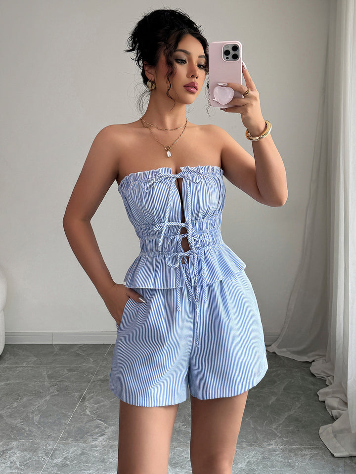 Light Blue Ruffle Tube Top And Shorts Co-Ord Set