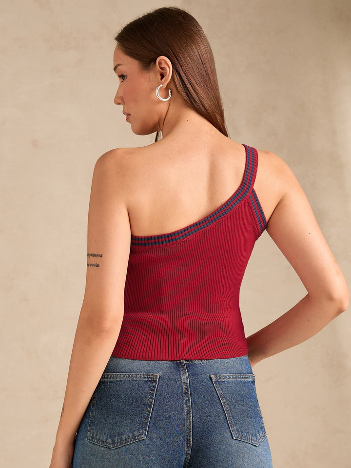 Red One Shoulder Flat Knit Tank