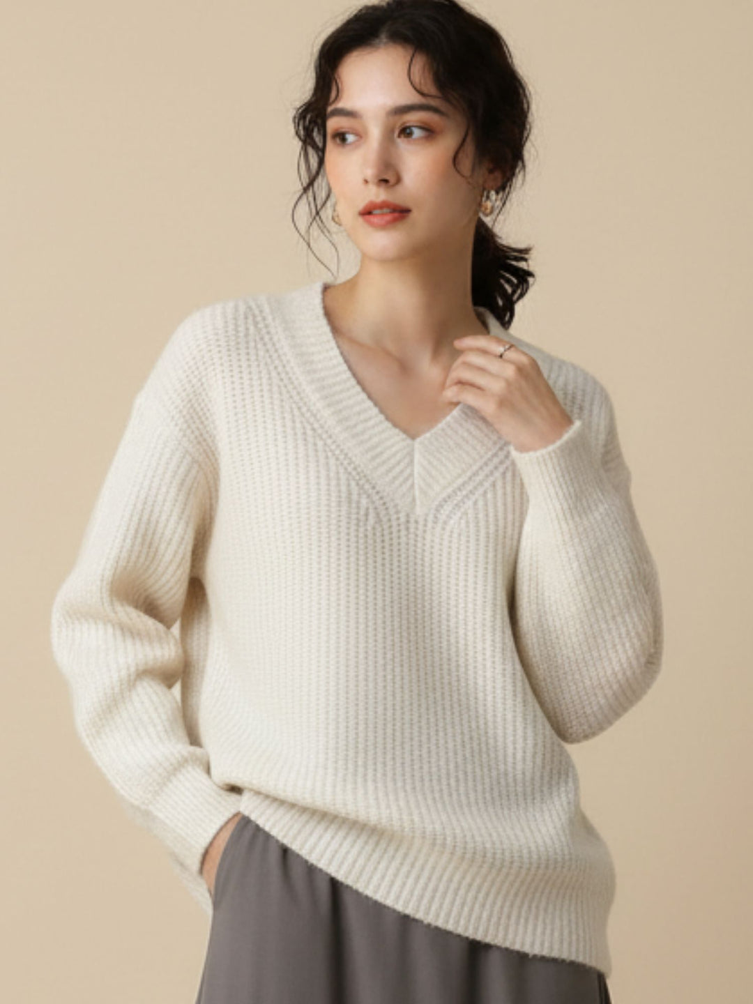 White Full Sleeve V Neck Sweater