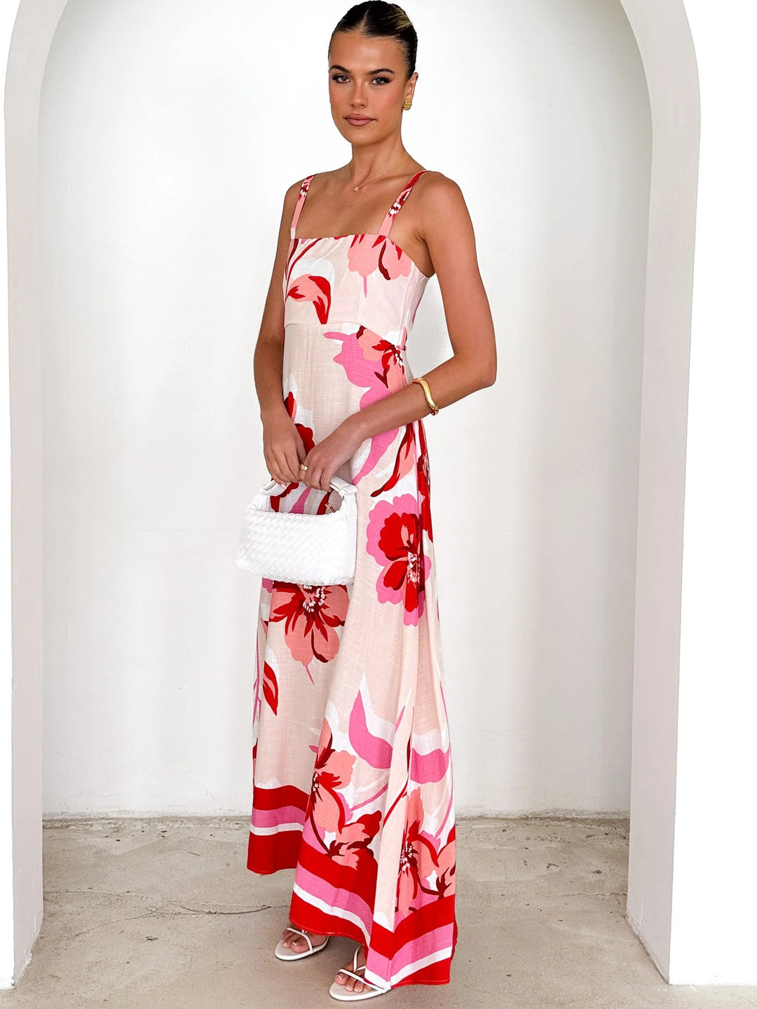 Red Spaghetti Strap Floral Printed Dress