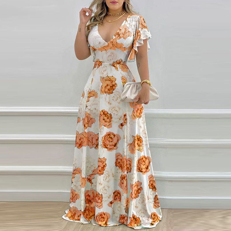 Orange Printed Plunge Neck Flutter Sleeve Dress