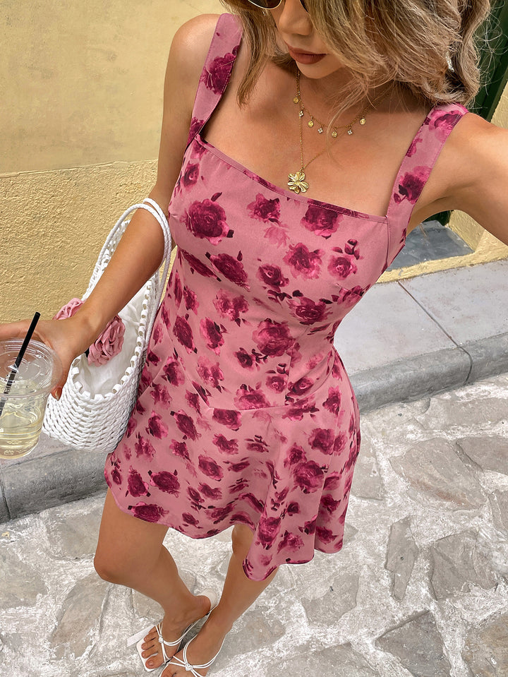 Red Printed Square Neck Dress