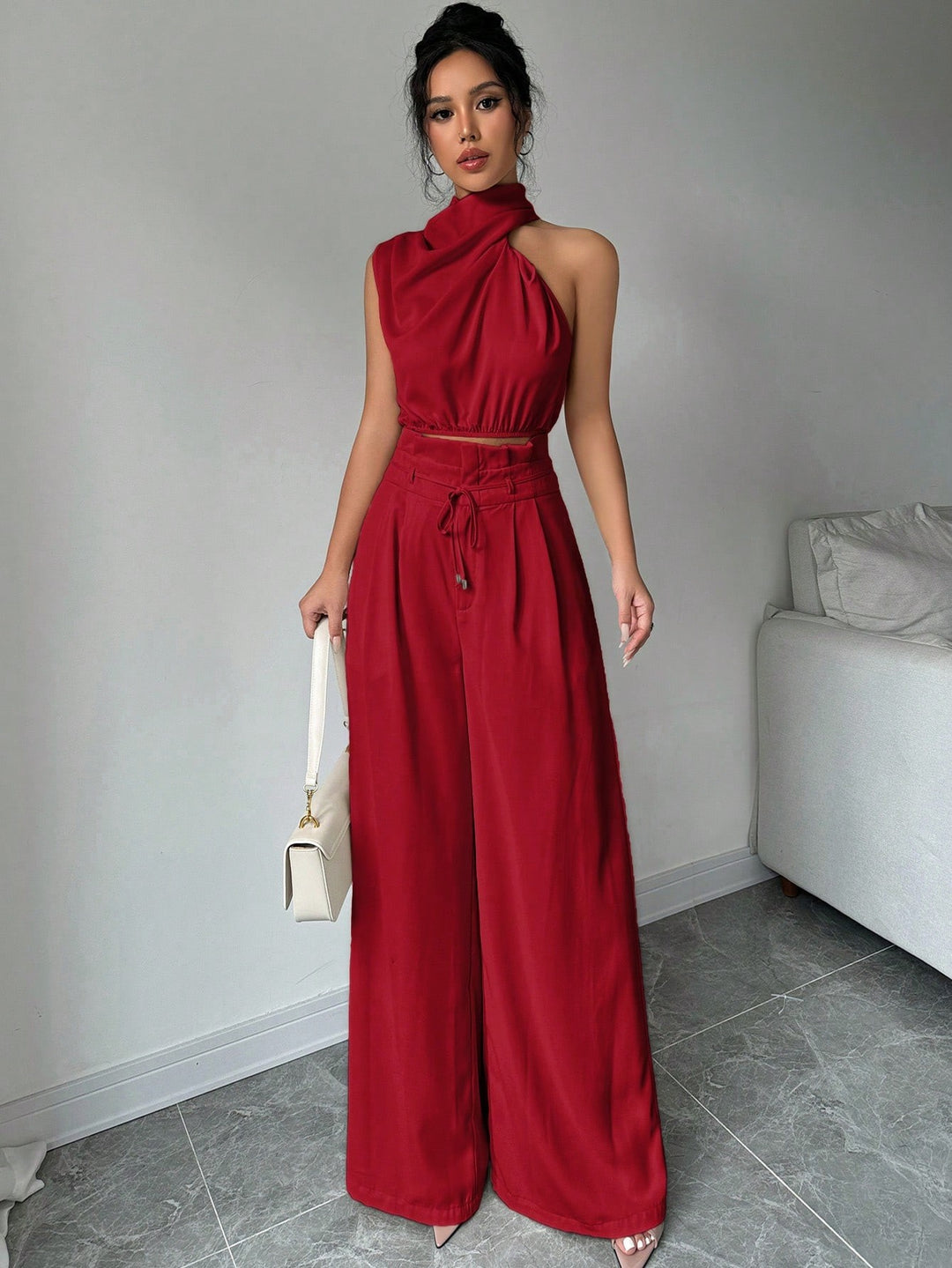 Red Asymmetrical High Neck Top with Wide Straight Pant Co-Ord Set
