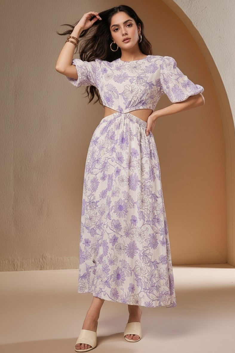 White Short Sleeve Boat Neck Printed Dress